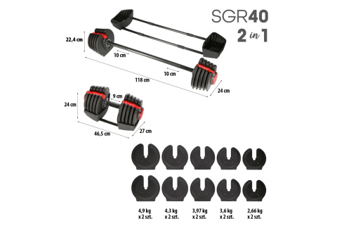 ZESTAW REGULOWANYCH SZTANGIELEK SGR40 PRO SET 2W1 43,5 KG /HMS ZESTAW REGULOWANYCH SZTANGIELEK SGR40 PRO SET 2W1 43,5 KG /HMS